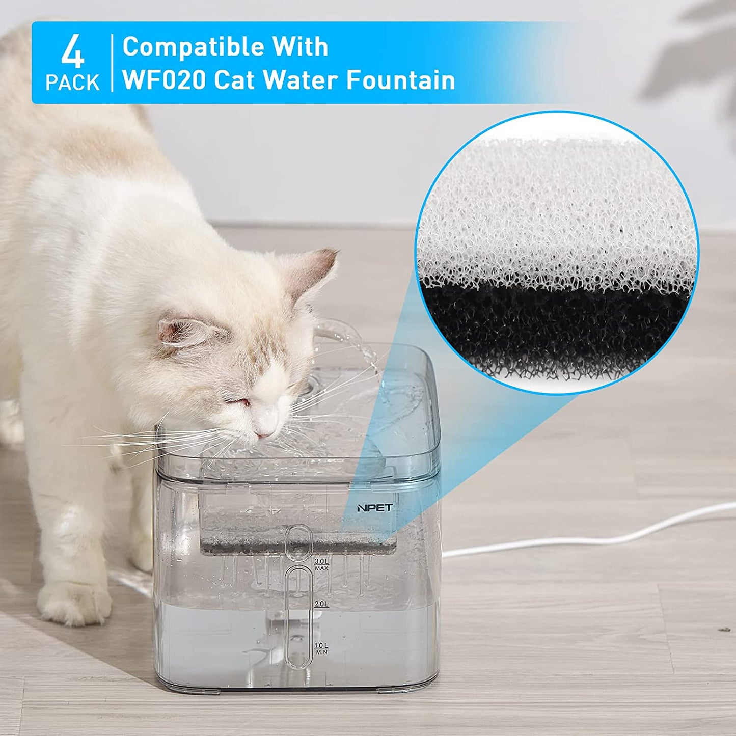 Cat Dog Water Fountain Replacement Filters 4 Pack for WF020TP/WF020BL/WF020WH Fountains