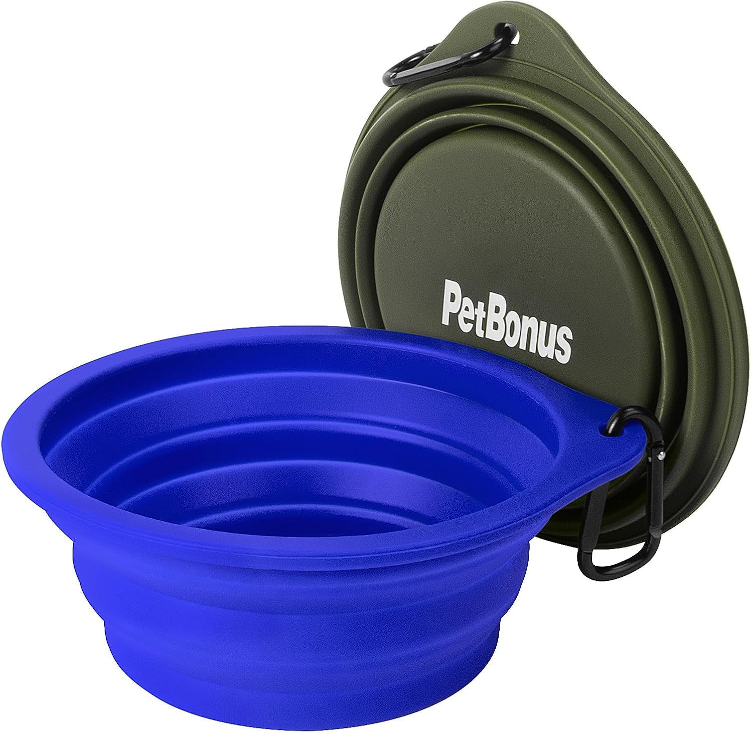 Travel-Friendly 2-Pack Collapsible Silicone Dog Bowls - BPA Free, Dishwasher Safe, Portable Food & Water Dishes with Carabiners in Army Green & Blue