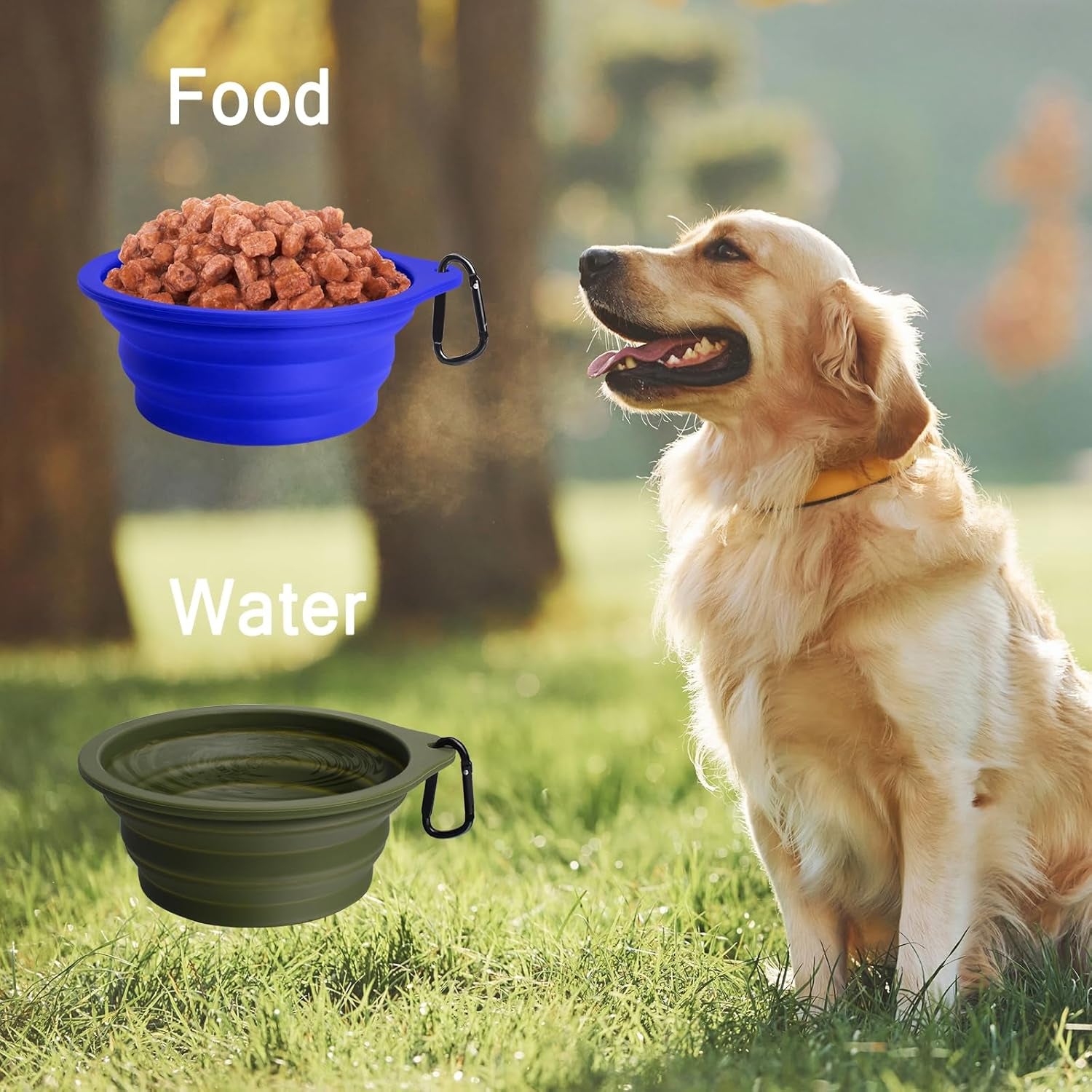 Travel-Friendly 2-Pack Collapsible Silicone Dog Bowls - BPA Free, Dishwasher Safe, Portable Food & Water Dishes with Carabiners in Army Green & Blue