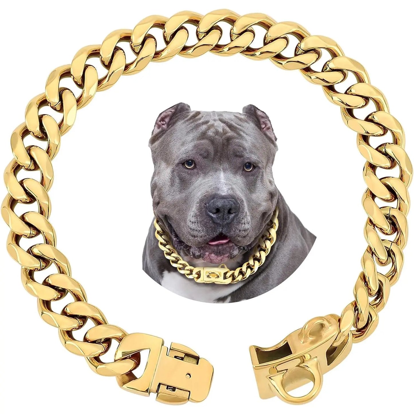 Luxurious 15MM Gold Stainless Steel Cuban Link Dog Collar - Heavy-Duty, Chew-Proof Training Solution for Your Beloved Dog (20" Gold)