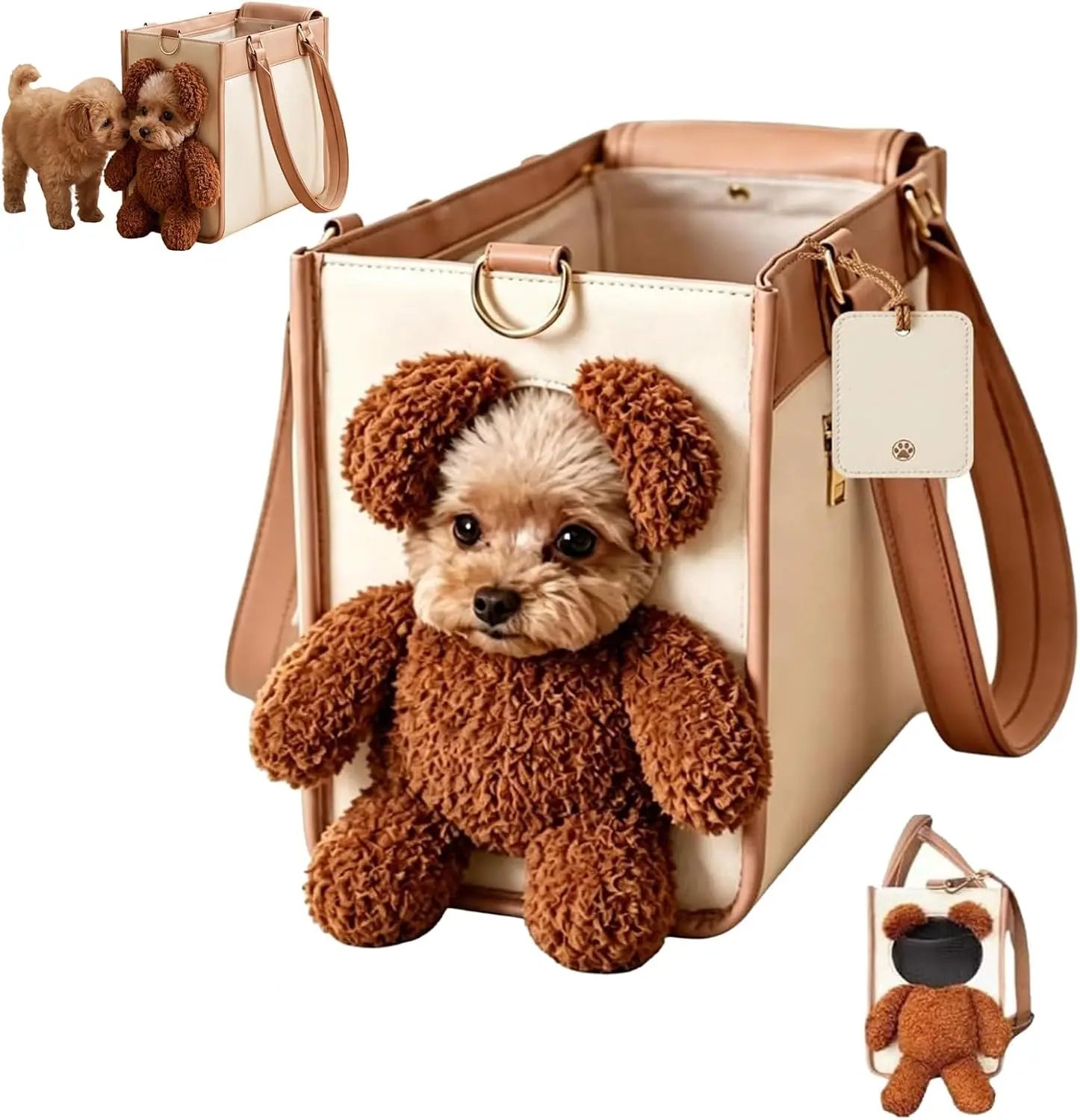 Charming Teddy Bear Carrier Bag for Dogs and Cats - Stylish 2-in-1 PU Leather Tote with Plush Ears for On-the-Go Pet Adventures