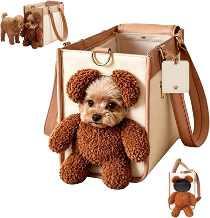 Charming Teddy Bear Carrier Bag for Dogs and Cats - Stylish 2-in-1 PU Leather Tote with Plush Ears for On-the-Go Pet Adventures