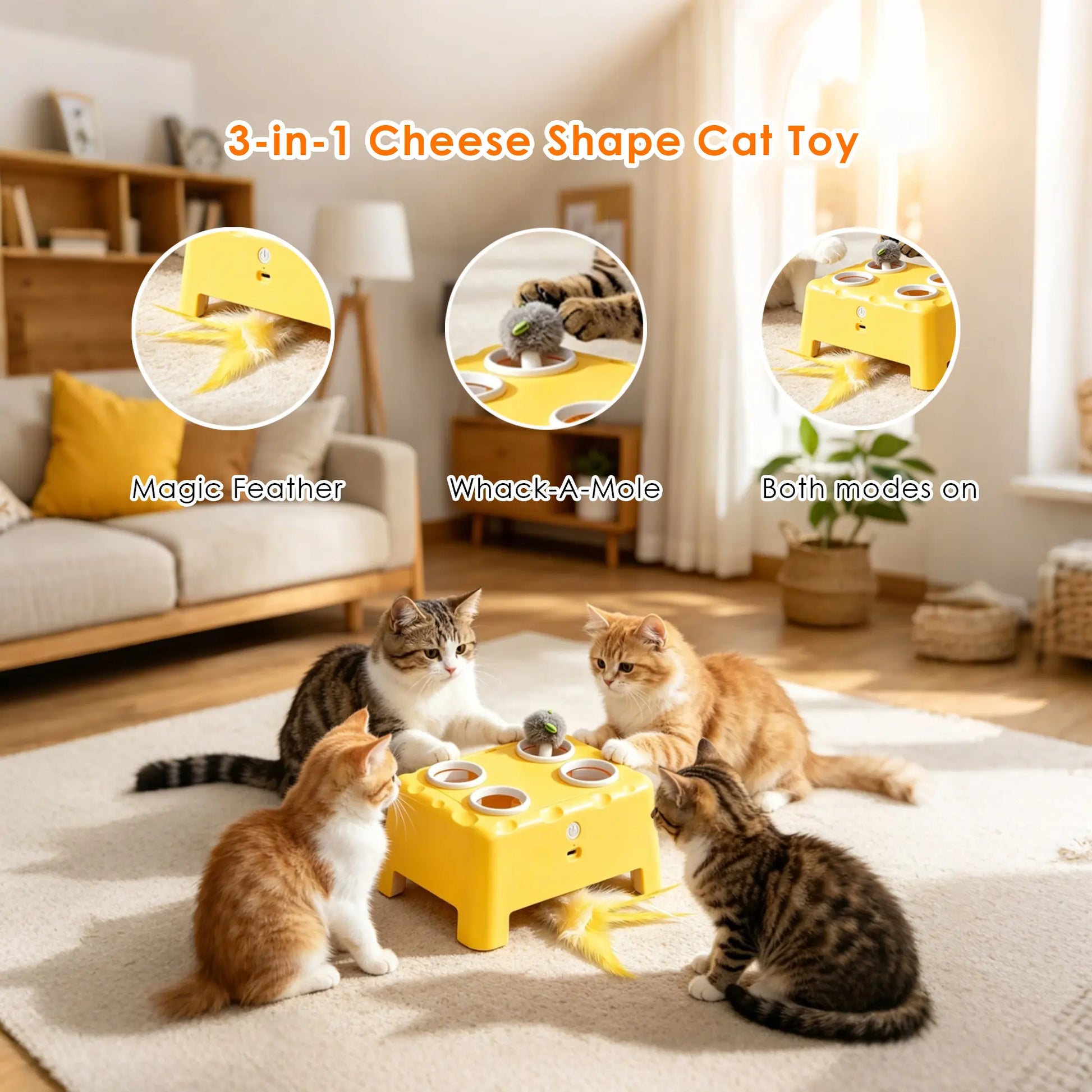 Ultimate Rechargeable Magic House Cat Toy - 3-in-1 Interactive Fun with Whack-A-Mole & Spinning Feathers for Endless Playtime!
