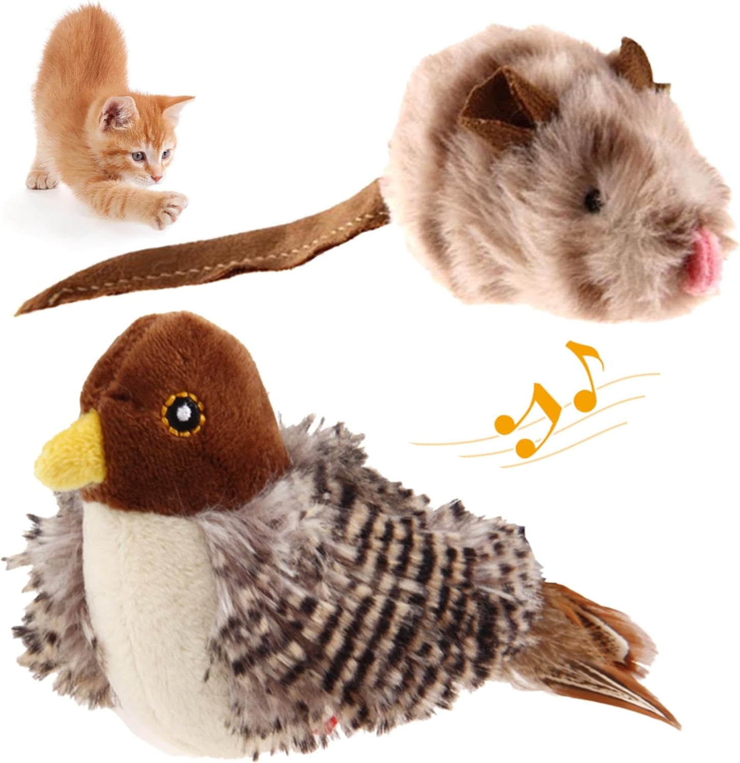 Exciting Chirping Bird & Squeaky Mouse Cat Toy Set - Interactive Play for Indoor Cats - Perfect for All Breeds!