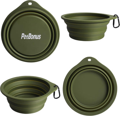 Travel-Friendly 2-Pack Collapsible Silicone Dog Bowls - BPA Free, Dishwasher Safe, Portable Food & Water Dishes with Carabiners in Army Green & Blue