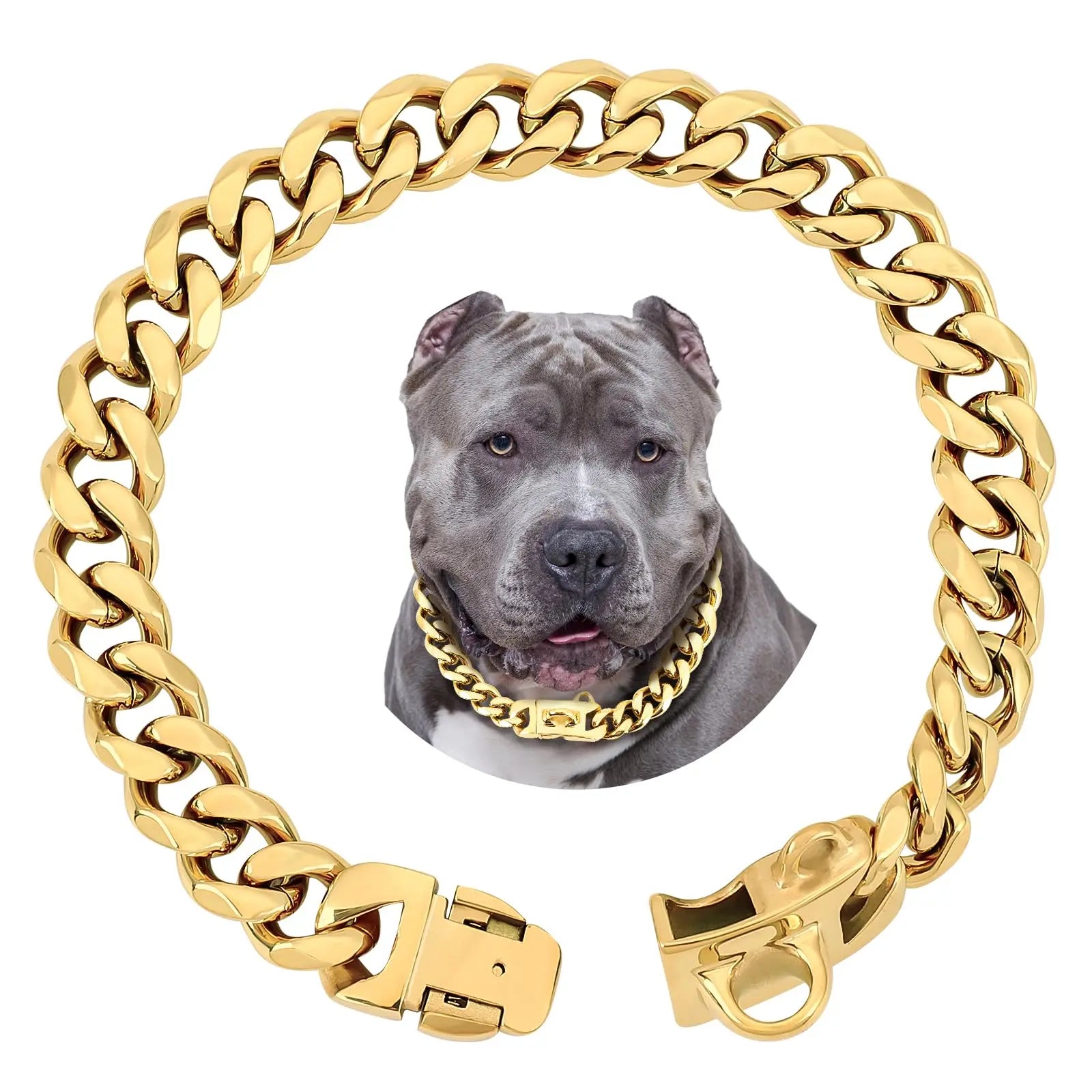 Luxurious 15MM Gold Stainless Steel Cuban Link Dog Collar - Heavy-Duty, Chew-Proof Training Solution for Your Beloved Dog (20" Gold)