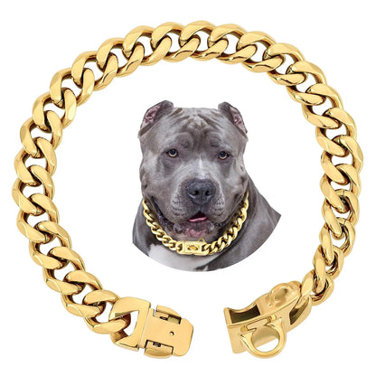 Luxurious 15MM Gold Stainless Steel Cuban Link Dog Collar - Heavy-Duty, Chew-Proof Training Solution for Your Beloved Dog (20" Gold)