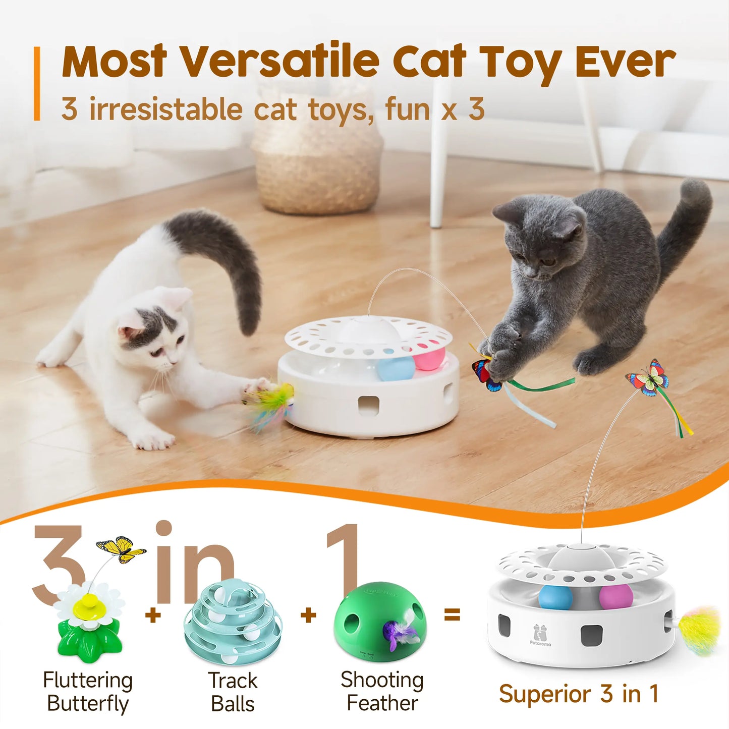 Potaroma 3-in-1 Automatic Interactive Cat Toy - Fluttering Butterfly, Ambush Feather & Track Balls for Endless Fun