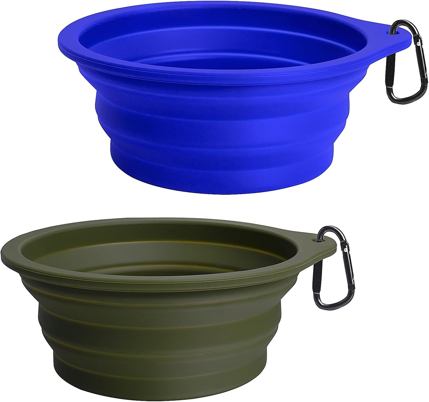Travel-Friendly 2-Pack Collapsible Silicone Dog Bowls - BPA Free, Dishwasher Safe, Portable Food & Water Dishes with Carabiners in Army Green & Blue