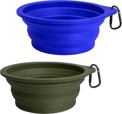 Travel-Friendly 2-Pack Collapsible Silicone Dog Bowls - BPA Free, Dishwasher Safe, Portable Food & Water Dishes with Carabiners in Army Green & Blue