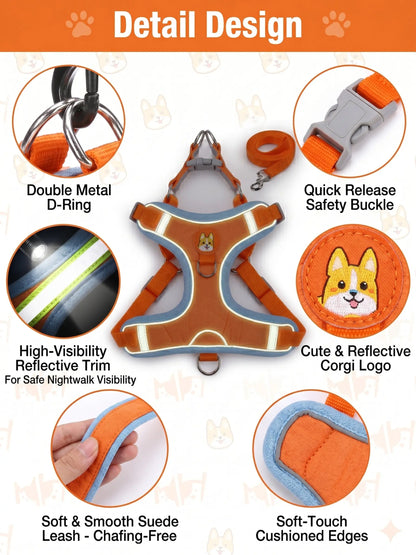 Elevate Your Pet's Outdoor Experience with Our 2 Pack Adjustable Suede Harness & Leash Set - Soft, Durable, and Reflective for Safe Walks Day or Night!