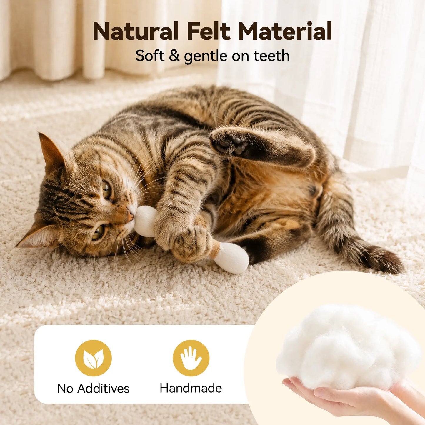 Potaroma 3 Pack Soft Natural Felt Cat Chew Toys with Catnip - Perfect for Kittens & Adult Cats, Includes Reusable Storage Bag