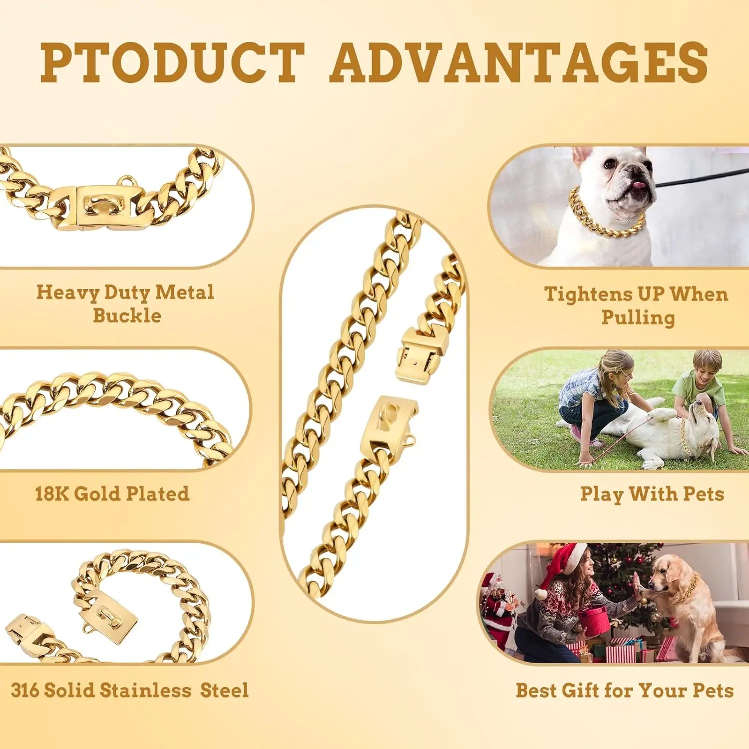 Luxurious 15MM Gold Stainless Steel Cuban Link Dog Collar - Heavy-Duty, Chew-Proof Training Solution for Your Beloved Dog (20" Gold)