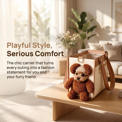 Charming Teddy Bear Carrier Bag for Dogs and Cats - Stylish 2-in-1 PU Leather Tote with Plush Ears for On-the-Go Pet Adventures
