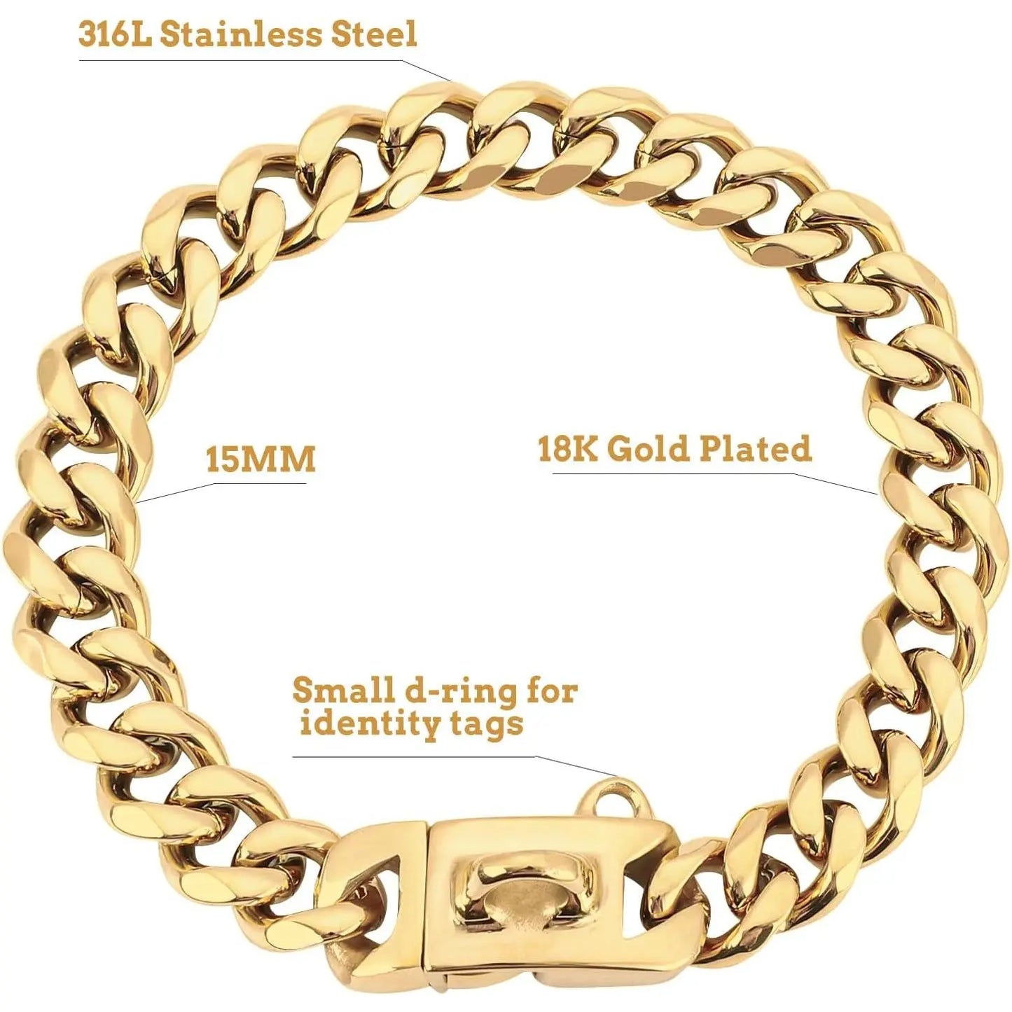 Luxurious 15MM Gold Stainless Steel Cuban Link Dog Collar - Heavy-Duty, Chew-Proof Training Solution for Your Beloved Dog (20" Gold)