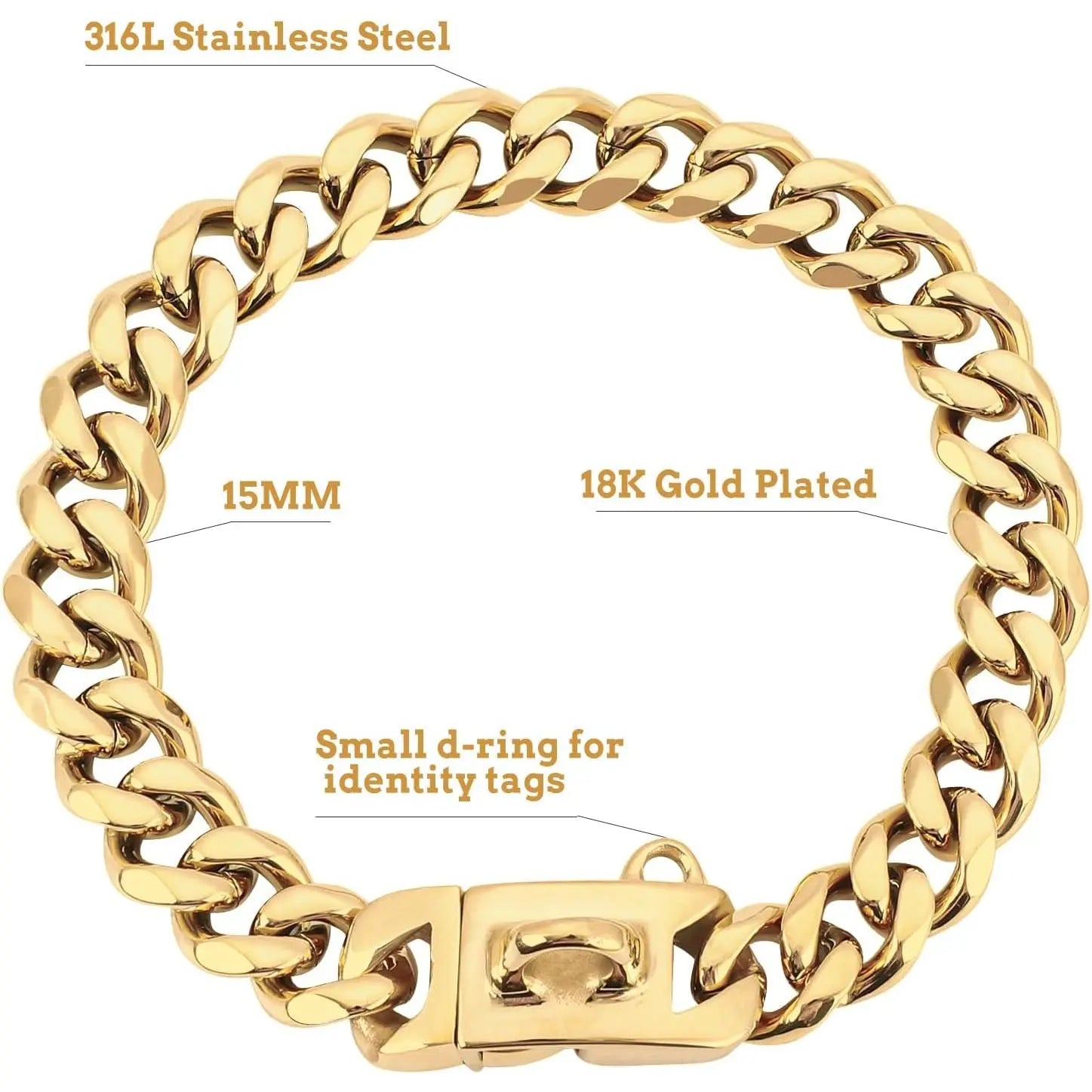 Luxurious 15MM Gold Stainless Steel Cuban Link Dog Collar - Heavy-Duty, Chew-Proof Training Solution for Your Beloved Dog (20" Gold)
