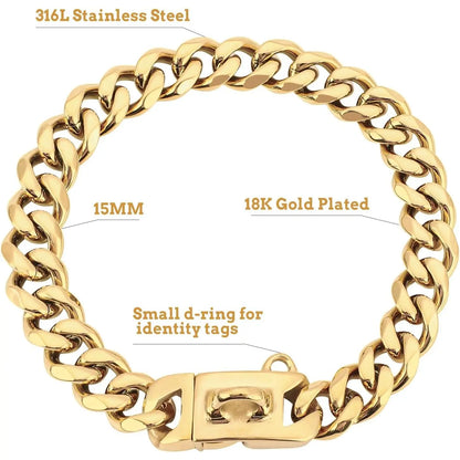Luxurious 15MM Gold Stainless Steel Cuban Link Dog Collar - Heavy-Duty, Chew-Proof Training Solution for Your Beloved Dog (20" Gold)