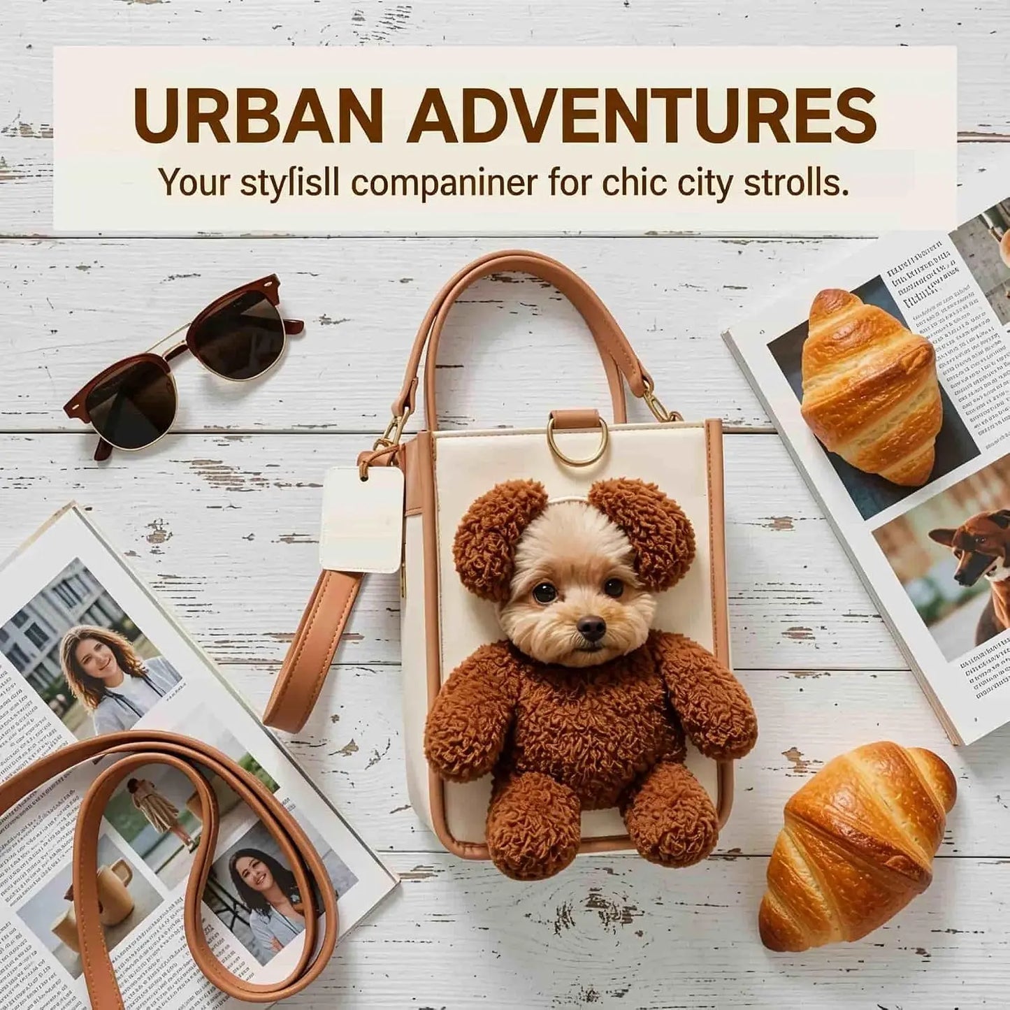 Charming Teddy Bear Carrier Bag for Dogs and Cats - Stylish 2-in-1 PU Leather Tote with Plush Ears for On-the-Go Pet Adventures