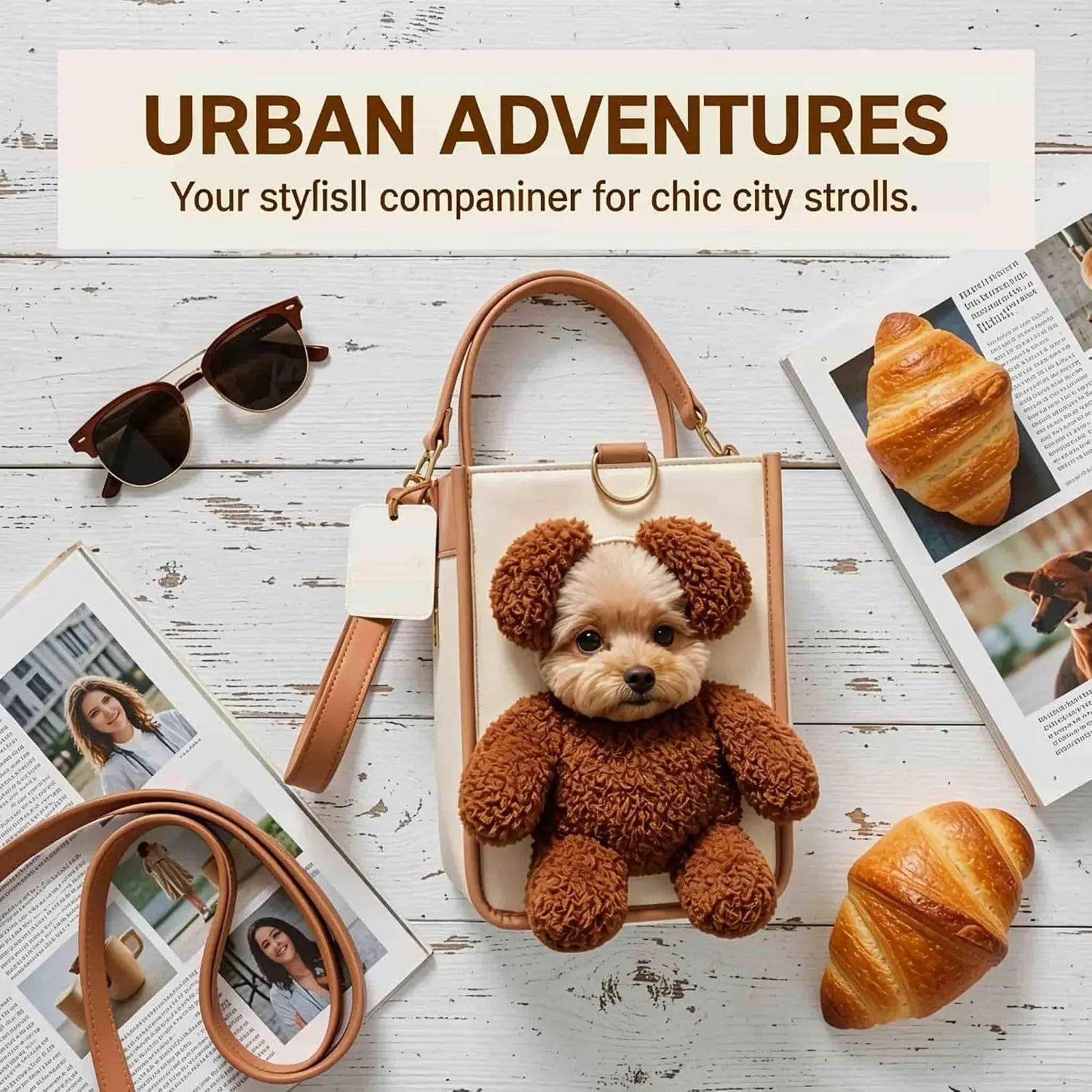 Charming Teddy Bear Carrier Bag for Dogs and Cats - Stylish 2-in-1 PU Leather Tote with Plush Ears for On-the-Go Pet Adventures