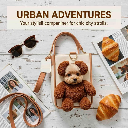 Charming Teddy Bear Carrier Bag for Dogs and Cats - Stylish 2-in-1 PU Leather Tote with Plush Ears for On-the-Go Pet Adventures