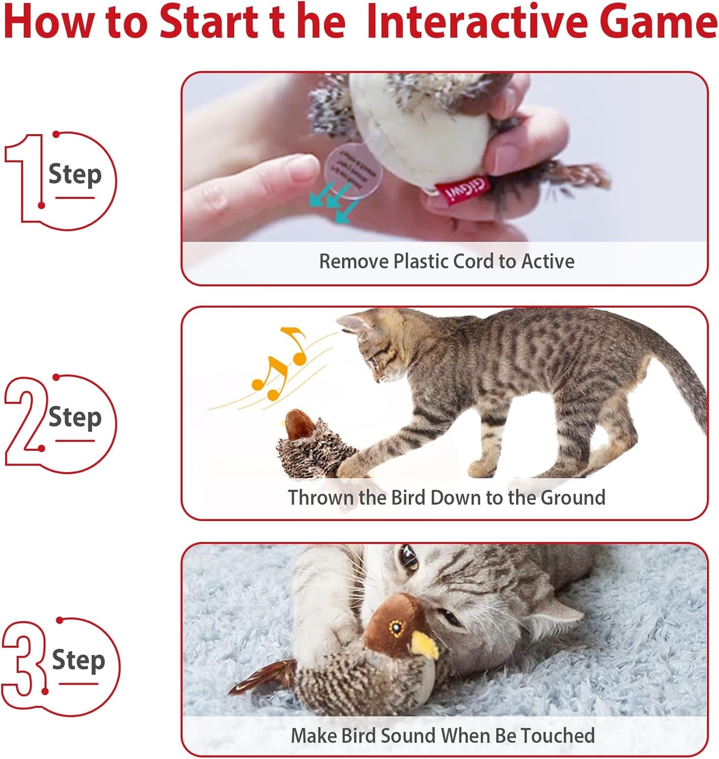 Exciting Chirping Bird & Squeaky Mouse Cat Toy Set - Interactive Play for Indoor Cats - Perfect for All Breeds!