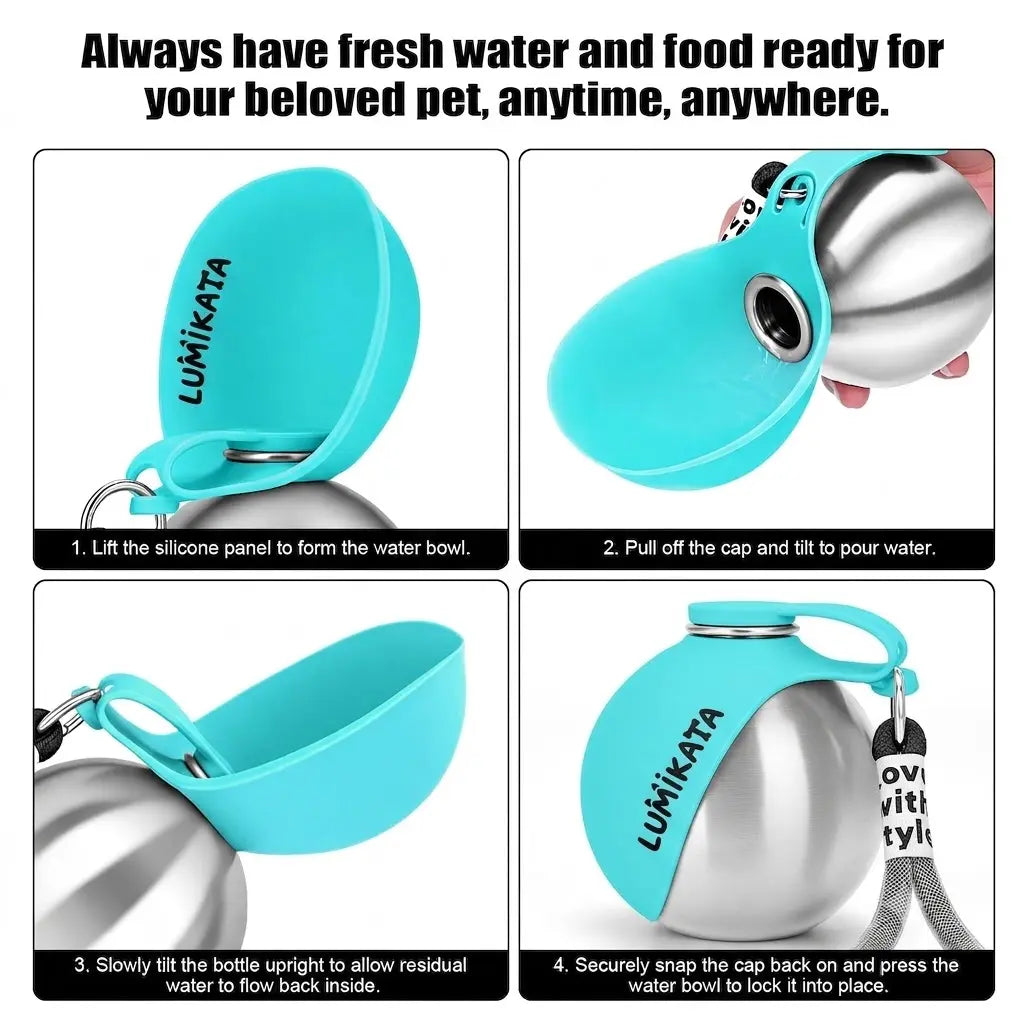 Lumikata 2-in-1 Portable Tumbler & Water Ball for Dogs - 10oz Stainless Steel Leak-Proof Bottle with Silicone Bowl for On-the-Go Hydration