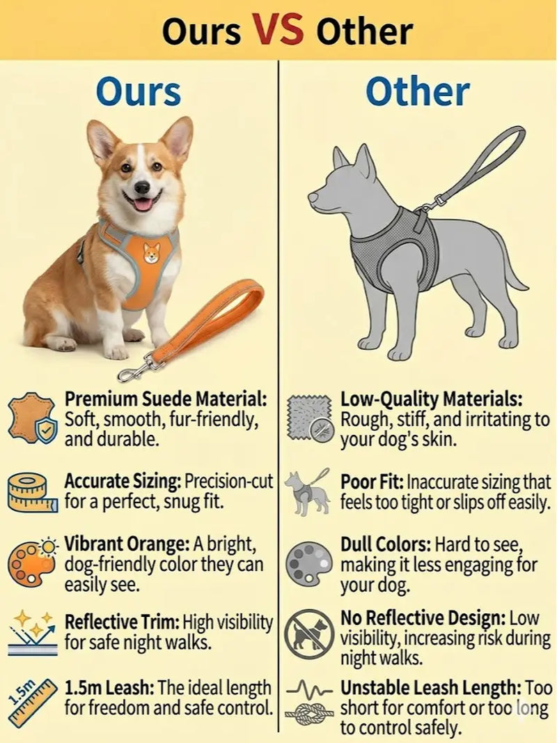 Elevate Your Pet's Outdoor Experience with Our 2 Pack Adjustable Suede Harness & Leash Set - Soft, Durable, and Reflective for Safe Walks Day or Night!