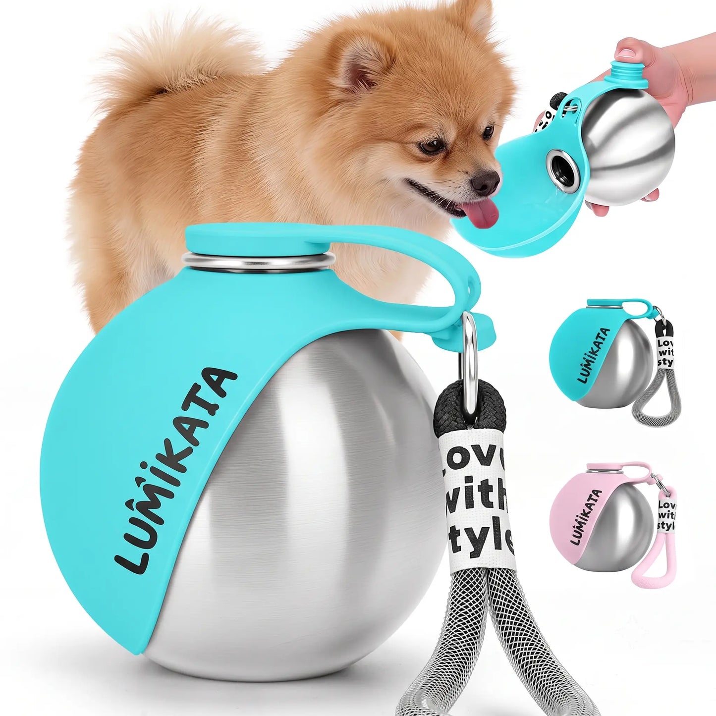Lumikata 2-in-1 Portable Tumbler & Water Ball for Dogs - 10oz Stainless Steel Leak-Proof Bottle with Silicone Bowl for On-the-Go Hydration