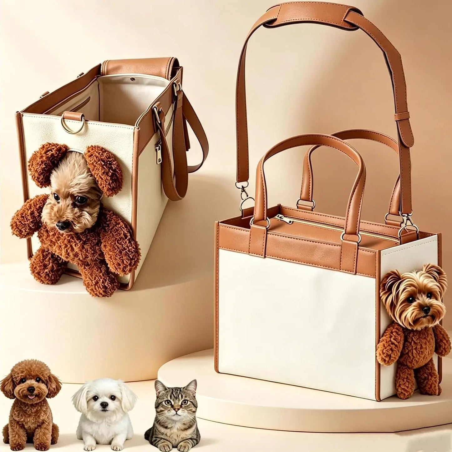 Charming Teddy Bear Carrier Bag for Dogs and Cats - Stylish 2-in-1 PU Leather Tote with Plush Ears for On-the-Go Pet Adventures