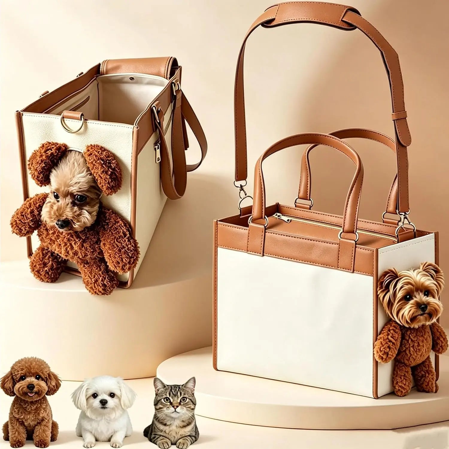 Charming Teddy Bear Carrier Bag for Dogs and Cats - Stylish 2-in-1 PU Leather Tote with Plush Ears for On-the-Go Pet Adventures