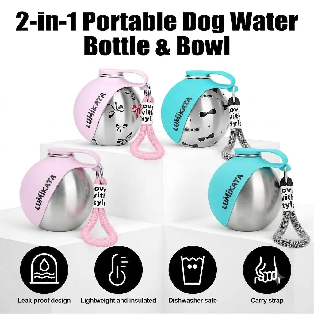 Lumikata 2-in-1 Portable Tumbler & Water Ball for Dogs - 10oz Stainless Steel Leak-Proof Bottle with Silicone Bowl for On-the-Go Hydration
