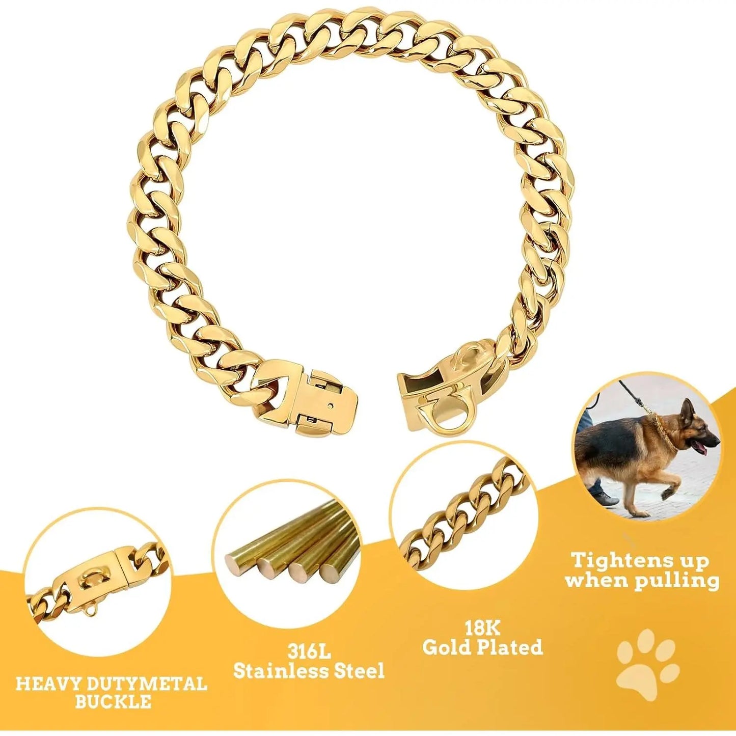 Luxurious 15MM Gold Stainless Steel Cuban Link Dog Collar - Heavy-Duty, Chew-Proof Training Solution for Your Beloved Dog (20" Gold)